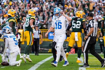 Detroit Lions quarterback Jared Goff walks off the field after a failed third-down conversion against the Green Bay Packers during the second half at Lambeau Field in Green Bay, Wis., on Sunday, September 7, 2025.