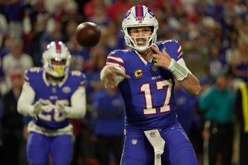 Buffalo Bills quarterback Josh Allen fires off a pass during first half action against the Baltimore Ravens at Highmark Stadium in Orchard Park on Sept. 7, 2025.
