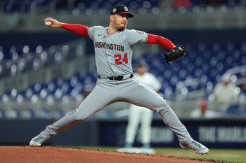 Sep 8, 2025; Miami, Florida, USA; Washington Nationals starting pitcher Cade Cavalli (24) delivers a pitch against the Miami Marlins during the first inning at loanDepot Park. Mandatory Credit: Sam Navarro-Imagn Images