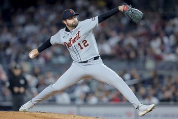 Sep 9, 2025; Bronx, New York, USA; Detroit Tigers starting pitcher Casey Mize (12) pitches against the New York Yankees during the second inning at Yankee Stadium. Mandatory Credit: Brad Penner-Imagn Images