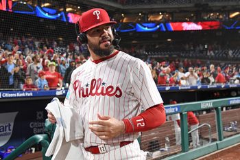 Sep 9, 2025; Philadelphia, Pennsylvania, USA; Philadelphia Phillies outfielder Kyle Schwarber (12) reacts after being doused with water during postgame interview against the New York Mets at Citizens Bank Park. Mandatory Credit: Eric Hartline-Imagn Images