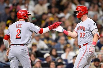 Sep 9, 2025; San Diego, California, USA; Cincinnati Reds catcher Tyler Stephenson (37) is congratulated by Gavin Lux (2) after hitting a two-run home run during the ninth inning against the San Diego Padres at Petco Park. Mandatory Credit: Denis Poroy-Imagn Images