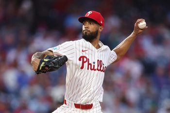 Sep 10, 2025; Philadelphia, Pennsylvania, USA; Philadelphia Phillies pitcher Cristopher Sanchez (61) throws a pitch against the New York Mets during the first inning at Citizens Bank Park. Mandatory Credit: Bill Streicher-Imagn Images