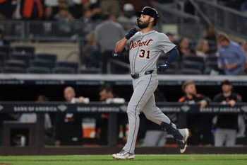 Sep 10, 2025; Bronx, New York, USA; Detroit Tigers left fielder Riley Greene (31) scores after hitting a two run home run during the eighth inning against the New York Yankees at Yankee Stadium. Mandatory Credit: Vincent Carchietta-Imagn Images