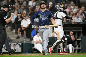 Sep 10, 2025; Chicago, Illinois, USA; Tampa Bay Rays outfielder Josh Lowe (15) looks on after striking out swinging against the Chicago White Sox during the eighth inning at Rate Field. Mandatory Credit: Matt Marton-Imagn Images