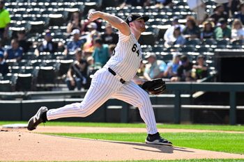 Sep 11, 2025; Chicago, Illinois, USA;  Chicago White Sox pitcher Shane Smith (64) delivers against the Tampa Bay Rays during the first inning at Rate Field. Mandatory Credit: Matt Marton-Imagn Images