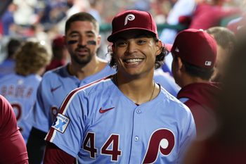 Sep 11, 2025; Philadelphia, Pennsylvania, USA; Philadelphia Phillies pitcher Jesús Luzardo (44) reacts with teammates in the dugout after pitching out of the eighth inning against the New York Mets at Citizens Bank Park. Mandatory Credit: Bill Streicher-Imagn Images