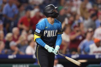 Sep 12, 2025; Philadelphia, Pennsylvania, USA; Philadelphia Phillies first base Bryce Harper (3) hits a  home run during the third inning at Citizens Bank Park. Mandatory Credit: Bill Streicher-Imagn Images