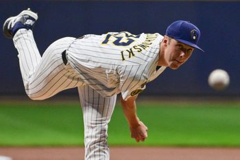Sep 13, 2025; Milwaukee, Wisconsin, USA;  Milwaukee Brewers starting pitcher Jacob Misiorowski (32) throws against the St. Louis Cardinals in the first inning at American Family Field. Mandatory Credit: Benny Sieu-Imagn Images