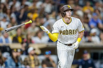 Sep 13, 2025; San Diego, California, USA; San Diego Padres pitch hitter Bryce Johnson (29) flips his bat after hitting a two-run home run during the eighth inning against the Colorado Rockies at Petco Park. Mandatory Credit: David Frerker-Imagn Images