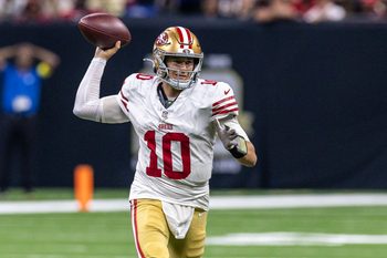 Sep 14, 2025; New Orleans, Louisiana, USA;  San Francisco 49ers quarterback Mac Jones (10) passes against the New Orleans Saints during the second half at Caesars Superdome. Mandatory Credit: Stephen Lew-Imagn Images