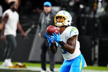 Sep 15, 2025; Paradise, Nevada, USA; Los Angeles Chargers running back Omarion Hampton (8) catches a pass during warm ups before the game against the Las Vegas Raiders at Allegiant Stadium. Mandatory Credit: Stephen R. Sylvanie -Imagn Images