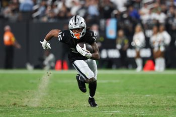 Sep 15, 2025; Paradise, Nevada, USA;  Las Vegas Raiders wide receiver Jakobi Meyers (16) rushes during the third quarter against the Los Angeles Chargers at Allegiant Stadium. Mandatory Credit: Kiyoshi Mio-Imagn Images