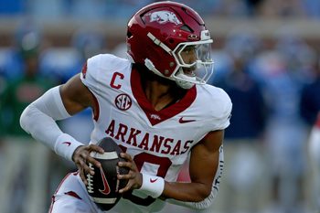 Sep 13, 2025; Oxford, Mississippi, USA; Arkansas Razorback quarterback Taylen Green (10) drops back to pass during the first quarter against the Mississippi Rebels at Vaught-Hemingway Stadium. Mandatory Credit: Petre Thomas-Imagn Images