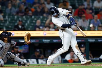 Sep 16, 2025; Detroit, Michigan, USA; Detroit Tigers first baseman Spencer Torkelson (20) hits a two-run home run in the tenth inning against the Cleveland Guardians t Comerica Park. Mandatory Credit: Rick Osentoski-Imagn Images