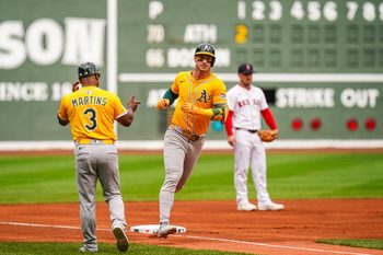 Sep 18, 2025; Boston, Massachusetts, USA; Athletics designated hitter Brent Rooker (25) rounds third base after hitting a two run home run against the Boston Red Sox in the first inning at Fenway Park. Mandatory Credit: David Butler II-Imagn Images