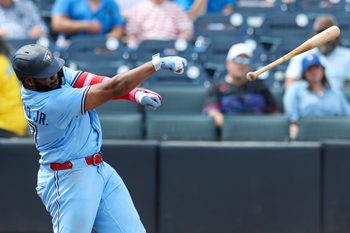 Sep 18, 2025; Tampa, Florida, USA; Toronto Blue Jays first baseman Vladimir Guerrero Jr. (27) looses his bat on a swing against the Tampa Bay Rays in the seventh inning at George M. Steinbrenner Field. Mandatory Credit: Nathan Ray Seebeck-Imagn Images