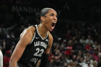 Sep 18, 2025; Las Vegas, Nevada, USA; Las Vegas Aces center A'ja Wilson (22) reacts to a play against the Seattle Storm in the third quarter during game three of round one for the 2025 WNBA Playoffs at Michelob Ultra Arena. Mandatory Credit: Candice Ward-Imagn Images