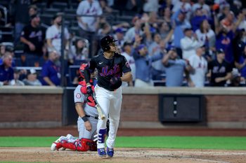 Sep 19, 2025; New York City, New York, USA; New York Mets right fielder Juan Soto (22) watches his three run home run against the Washington Nationals during the fourth inning at Citi Field. Mandatory Credit: Brad Penner-Imagn Images