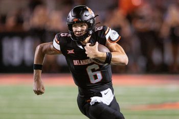 Sep 19, 2025; Stillwater, Oklahoma, USA; Oklahoma State Cowboys quarterback Zane Flores (6) runs the ball during the second half against the Tulsa Golden Hurricane at Boone Pickens Stadium. Mandatory Credit: William Purnell-Imagn Images