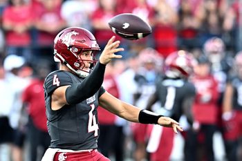 Sep 20, 2025; Pullman, Washington, USA; Washington State Cougars quarterback Zevi Eckhaus (4) throws a pass against the Washington Huskies in the first half of Apple Cup at Gesa Field at Martin Stadium. Mandatory Credit: James Snook-Imagn Images