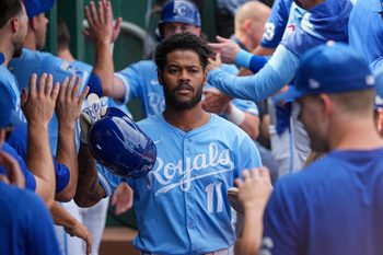 Sep 21, 2025; Kansas City, Missouri, USA; Kansas City Royals third baseman Maikel Garcia (11) celebrates against the Toronto Blue Jays after scoring during the fourth inning at Kauffman Stadium. Mandatory Credit: Denny Medley-Imagn Images