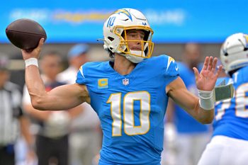Sep 21, 2025; Inglewood, California, USA;  Los Angeles Chargers quarterback Justin Herbert (10) throws a pass in the first quarter against the Denver Broncos at SoFi Stadium. Mandatory Credit: Jayne Kamin-Oncea-Imagn Images