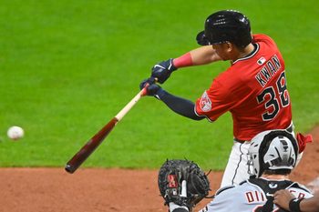 Sep 23, 2025; Cleveland, Ohio, USA; Cleveland Guardians left fielder Steven Kwan (38) doubles in the seventh inning against the Detroit Tigers at Progressive Field. Mandatory Credit: David Richard-Imagn Images