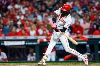 Sep 24, 2025; Cincinnati, Ohio, USA; Cincinnati Reds shortstop Elly De La Cruz (44) hits a single in the fourth inning against the Pittsburgh Pirates at Great American Ball Park. Mandatory Credit: Katie Stratman-Imagn Images
