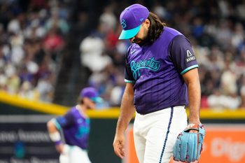 Arizona Diamondbacks pitcher Nabil Crismatt (61) reacts after giving-up back-to-back home runs to the Los Angeles Dodgers in the second inning during the season home finale at Chase Field in Phoenix on Sept. 25, 2025.