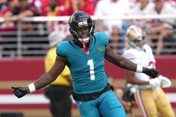 Sep 28, 2025; Santa Clara, California, USA; Jacksonville Jaguars running back Travis Etienne (1) reacts after scoring a touchdown against the San Francisco 49ers during the second quarter at Levi's Stadium. Mandatory Credit: Darren Yamashita-Imagn Images