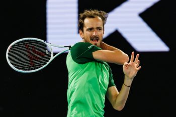 Jan 26, 2024; Melbourne, Victoria, Australia; Daniil Medvedev of Russia in action against Alexander Zverev in the semi-finals of the men s singles at the Australian Open. Mandatory Credit: Mike Frey-Imagn Images