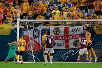 A shot on goal is deflected during the second half of The Stateside Cup soccer tournament game Saturday, July 27, 2024 at EverBank Stadium in Jacksonville, Fla. The Wolverhampton Wanderers defeated West Ham United 3-1 in exhibition play.