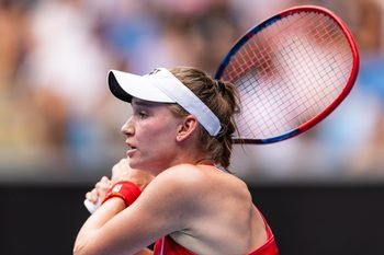 Jan 20, 2025; Melbourne, Victoria, Australia; Elena Rybakina of Kazakhstan in action during her match against Madison Keys of United States of America in the fourth round of the women's singles at the 2025 Australian Open at Melbourne Park. Mandatory Credit: Mike Frey-Imagn Images
