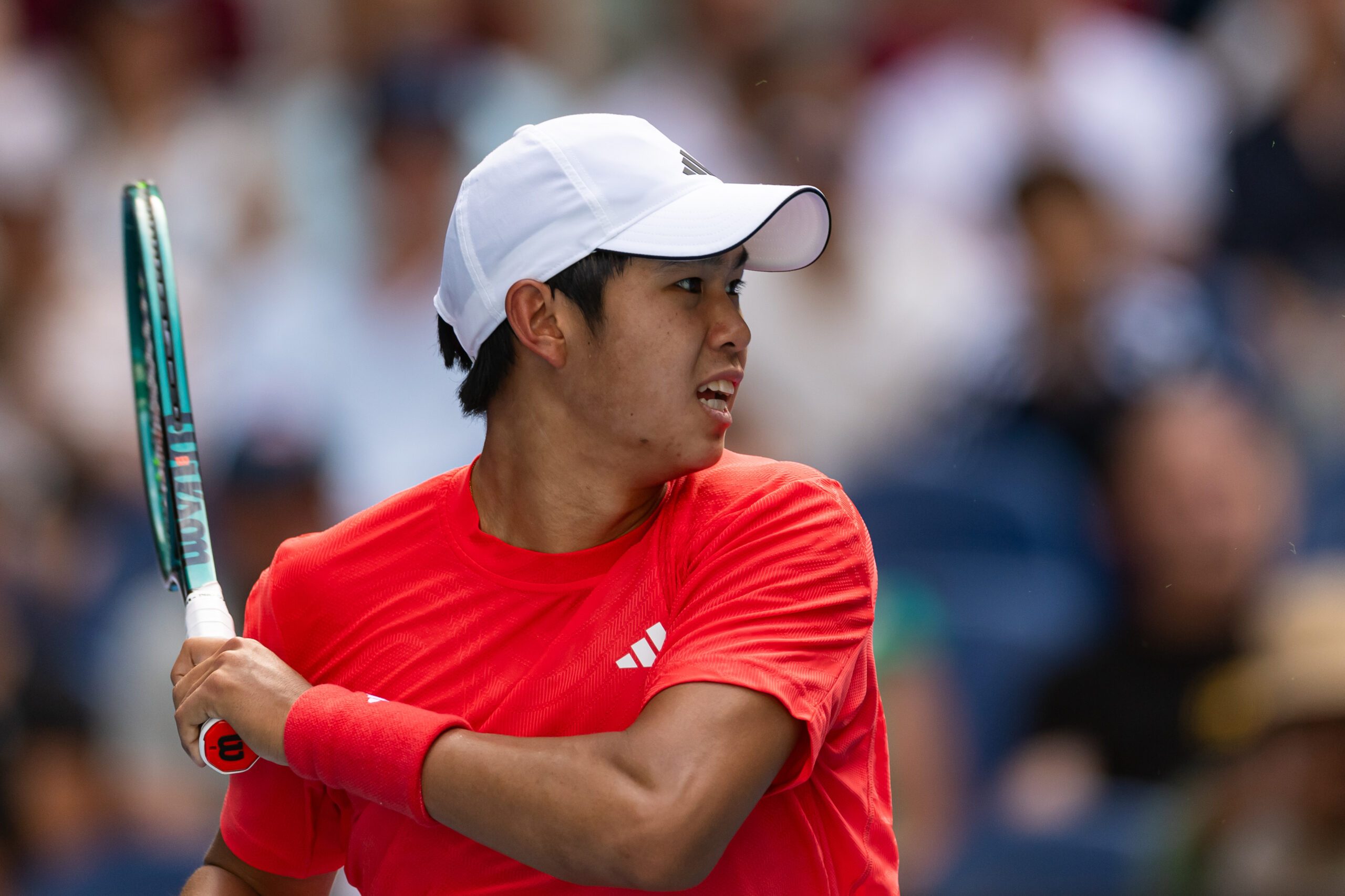 Jan 20, 2025; Melbourne, Victoria, Australia; Learner Tien of United States of America in action during his match against Lorenzo Sonego of Italy in the fourth round of the men's singles at the 2025 Australian Open at Melbourne Park. Mandatory Credit: Mike Frey-Imagn Images