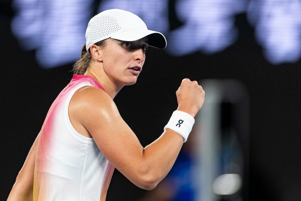 Jan 24, 2025; Melbourne, Victoria, Australia; Iga Swiatek of Poland celebrates during her match against Madison Keys of United States of America in the semifinals of the women's singles at the 2025 Australian Open at Melbourne Park. Mandatory Credit: Mike Frey-Imagn Images
