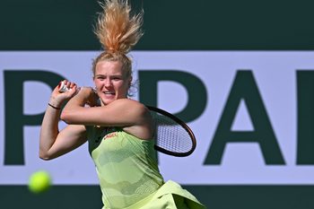 Mar 9, 2025; Indian Wells, CA, USA; Katerina Siniakova  (CZE) hits a ball against Karolina Muchova (CZE) at Indian Well Tennis Garden. Mandatory Credit: Jonathan Hui-Imagn Images