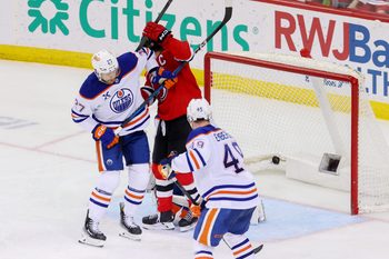 Mar 13, 2025; Newark, New Jersey, USA; New Jersey Devils defenseman Simon Nemec (17) (not pictured) scores a goal on Edmonton Oilers goaltender Stuart Skinner (74) during the third period at Prudential Center. Mandatory Credit: Ed Mulholland-Imagn Images