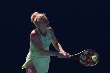 Mar 18, 2025; Miami, FL, USA; Katerina Siniakova (CZE) hits a backhand against Yue Yuan (CHN)(not pictured) on day one of the Miami Open at Hard Rock Stadium. Mandatory Credit: Geoff Burke-Imagn Images