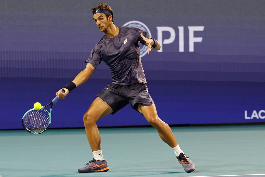 Mar 25, 2025; Miami, FL, USA; Lorenzo Musetti (ITA) hits a forehand against Novak Djokovic (SRB)(not pictured) on day eight of the Miami Open at Hard Rock Stadium. Mandatory Credit: Geoff Burke-Imagn Images