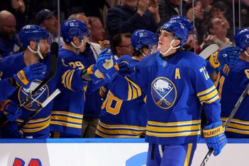Apr 6, 2025; Buffalo, New York, USA;  Buffalo Sabres center Tage Thompson (72) celebrates his second goal of the game with teammates during the third period against the Boston Bruins at KeyBank Center. Mandatory Credit: Timothy T. Ludwig-Imagn Images