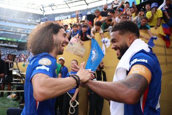 [Subscription Customers Only] Jul 13, 2025; East Rutherford, New Jersey, USA; Chelsea FC defender Reece James (24) and defender Marc Cucurella (3) celebrate after winning the final of the 2025 FIFA Club World Cup at MetLife Stadium. Mandatory Credit: Lee Smith-Reuters via Imagn Images