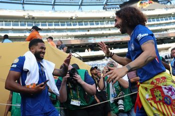 [Subscription Customers Only] Jul 13, 2025; East Rutherford, New Jersey, USA; Chelsea FC defender Reece James (24) and defender Marc Cucurella (3) celebrate after winning the final of the 2025 FIFA Club World Cup at MetLife Stadium. Mandatory Credit: Hannah Mckay-Reuters via Imagn Images