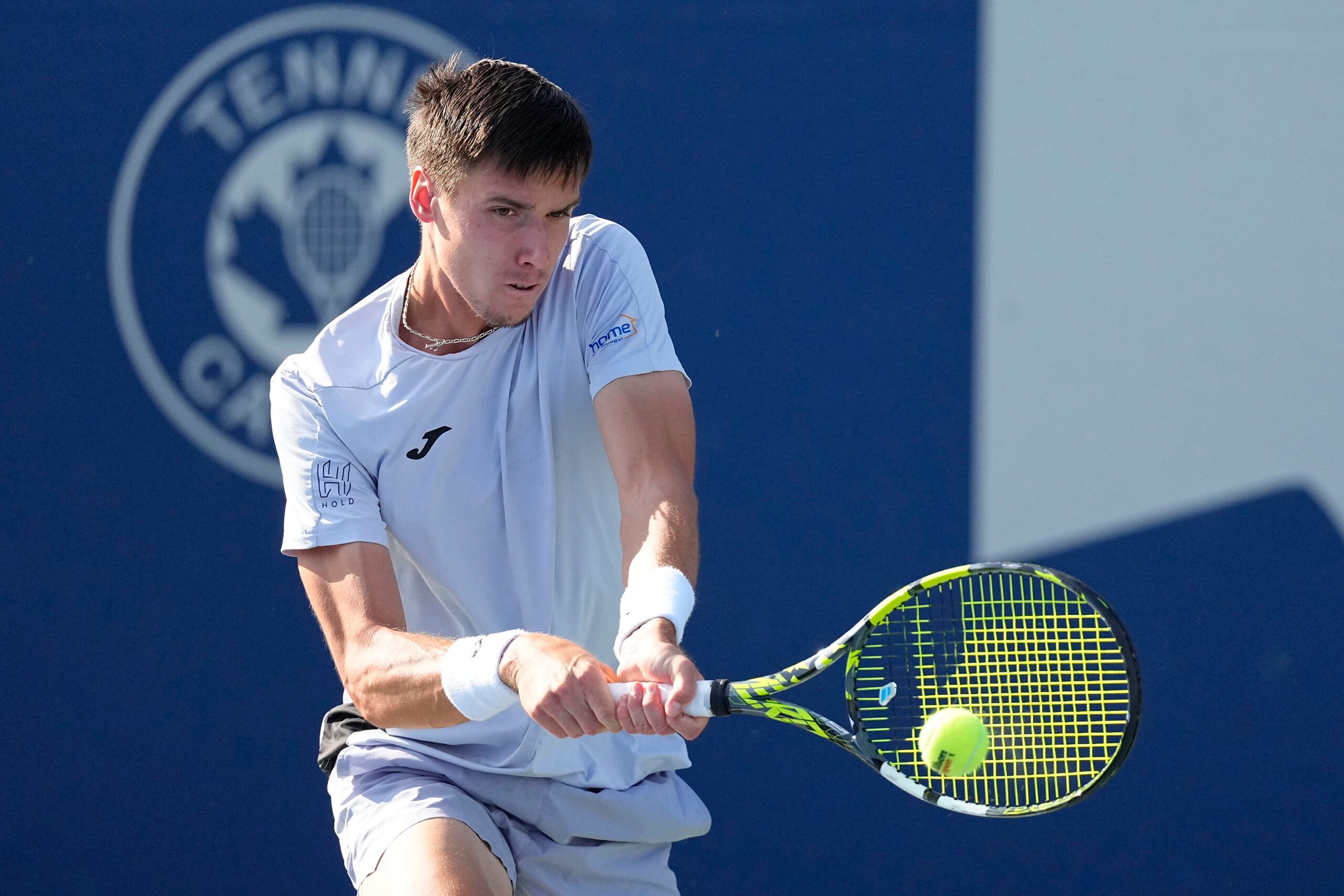 Aug 1, 2025; Toronto, ON, Canada; Fabian Marozsan (HUN) returns a ball to Flavio Cobolli (not pictured) during the third round at Sobeys Stadium. Mandatory Credit: John E. Sokolowski-Imagn Images
