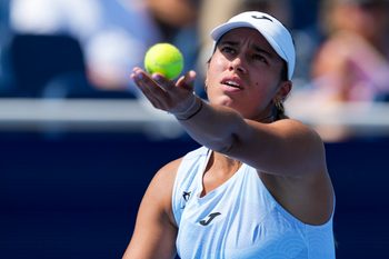 Aug 11, 2025; Cincinnati, OH, USA; Jessica Bouzas Maneiro (ESP) serves against Taylor Townsend (USA) during the Cincinnati Open at the Lindner Family Tennis Center. Mandatory Credit: Aaron Doster-Imagn Images