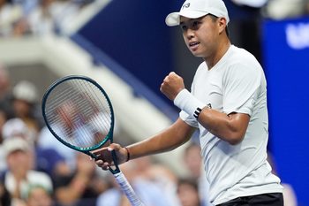 Aug 24, 2025; Flushing, NY, USA;  Learner Tien (USA) after a winner against Novak Djokovic (SRB) on day one of the 2025 U.S. Open tennis tournament at the USTA Billie Jean King National Tennis Center. Mandatory Credit: Robert Deutsch-Imagn Images