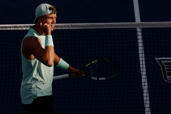 Aug 25, 2025; Flushing, NY, USA; Holger Rune (DEN) reacts after winning the second set tiebreaker against Botic van de Zandschulp (NED)(not pictured) on day two of the 2025 US Open tennis tournament at USTA Billie Jean King National Tennis Center. Mandatory Credit: Geoff Burke-Imagn Images