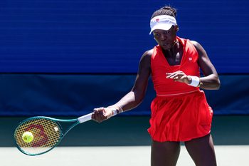 Aug 25, 2025; Flushing, NY, USA; Victoria Mboko of Canada in action against Barbora Krejcikova of Czech Republic in the first round of the women’s singles at the US Open at Louis Armstrong Stadium in Billie Jean King National Tennis Centre. Mandatory Credit: Mike Frey-Imagn Images