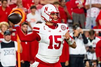 Aug 28, 2025; Kansas City, Missouri, USA; Nebraska Cornhuskers quarterback Dylan Raiola (15) passes against the Cincinnati Bearcats during the first quarter at GEHA Field at Arrowhead Stadium. Mandatory Credit: Dylan Widger-Imagn Images