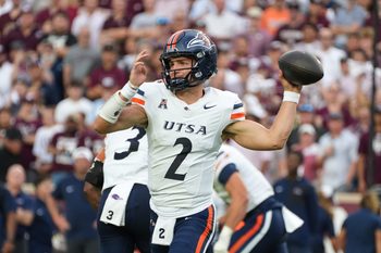Aug 30, 2025; College Station, Texas, USA; UTSA Roadrunners quarterback Owen McCown (2) makes a throw in the first quarter agains the Texas A&M Aggies at Kyle Field. Mandatory Credit: Sean Thomas-Imagn Images